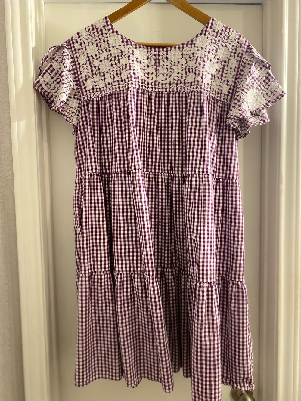 NEW J. Marie Purple Gingham Embroidered Tiered Dress Size Large - Picture 2 of 4
